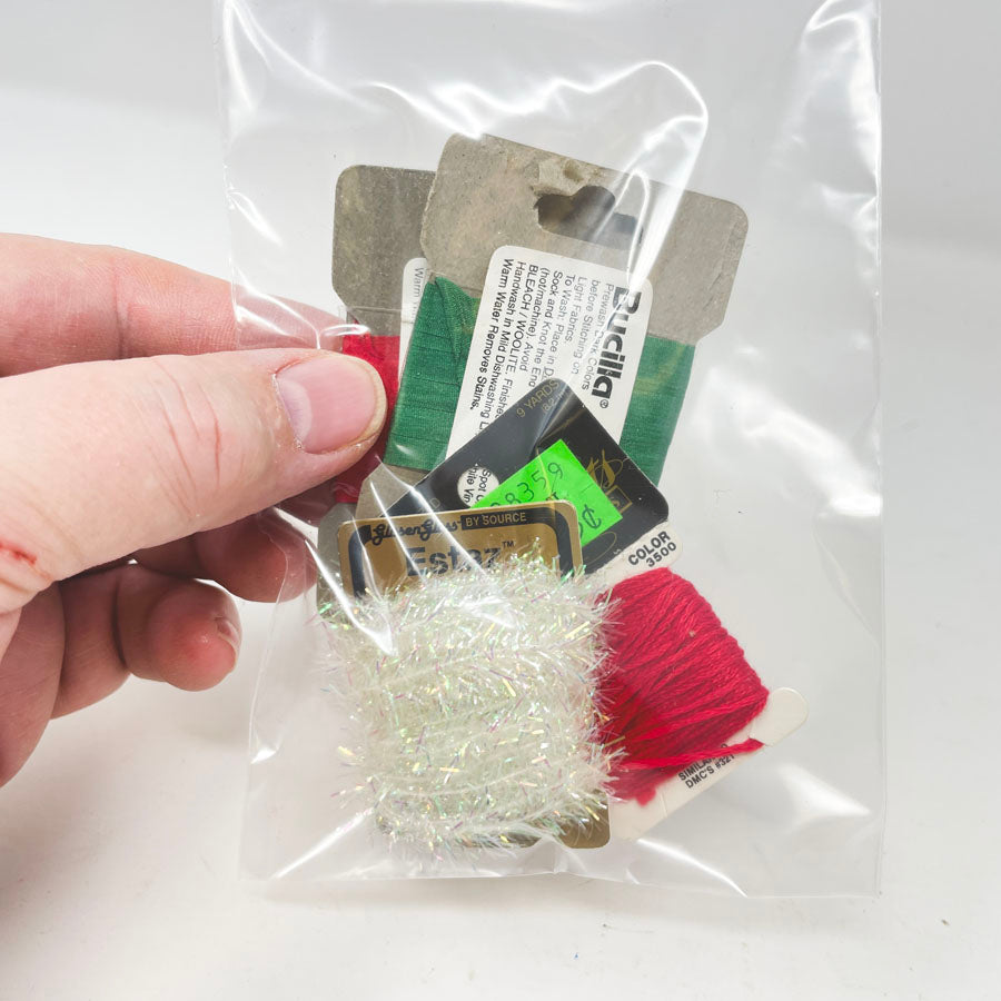 Embroidery Sample Pack - Green and Red Ribbon and Floss