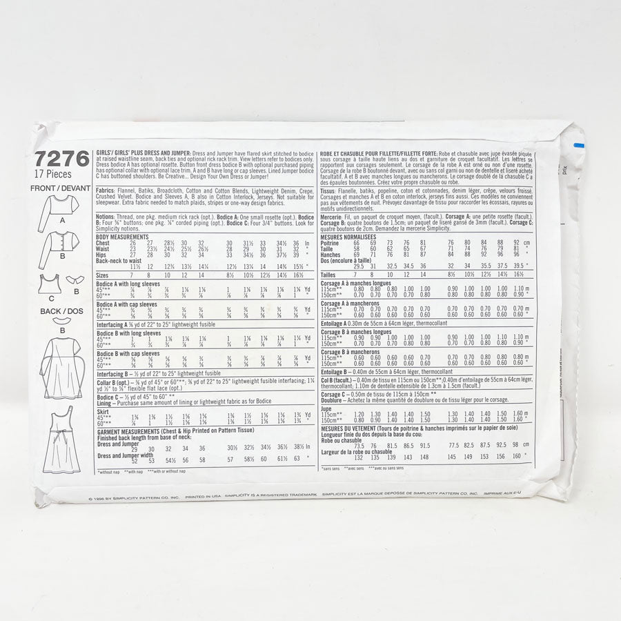 Simplicity 7276 Sewing Pattern - Child Dress (7-14)